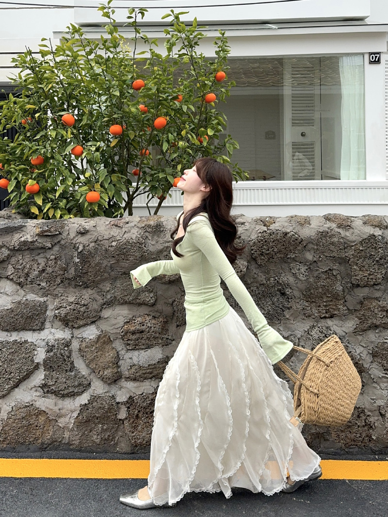 실사 정가 폭발 디자인 센스 녹색 페이크 레이어드 층 레이스 반 스커트 투피스 세트