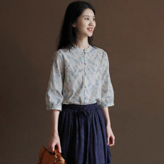 批发非实拍2026复古纯棉印花<b class='q'>衬衫</b>夏季森系文艺中式立领<b class='q'>衬衣</b>女夏装上衣
