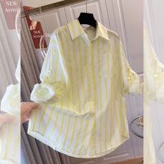 批发实拍条纹黄色衬衫女<b class='q'>夏</b>2025新款宽松百搭休闲韩版外套薄款衬衣