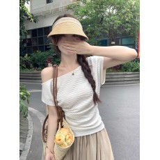 批发抖音天猫品质斜肩肌理感韩版短袖T恤女夏季修身露肩内搭气质上衣