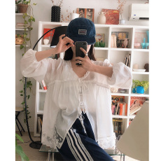 批发已出货 chic 韩版薄款防晒拼接蕾丝开衫系带衬衫