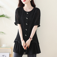 批发实拍2026夏季新款大码胖MM亮闪闪拼接<b class='q'>雪纺</b>中长款百搭短袖上衣裙子