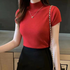 批发半高领半袖针织衫女秋<b class='q'>冬</b>打底内搭毛衣修身显瘦短款背心冰爽丝