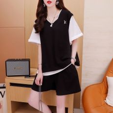 批发现货~6535拉架夏季新款假两件短袖t恤套装女休闲运动服短裤两件套
