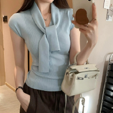 批发天猫抖音质量韩系系带V领<b class='q'>短袖</b>针织衫女春夏新款法式内搭甜美上衣