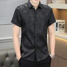 批发国风新中式冰丝微弹休闲衬衫质感垂感男士短袖暗门襟薄款潮流修身