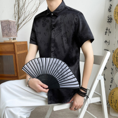 批发国风新中式冰丝弹力休闲衬衫质感垂感抗皱男士短袖暗门襟薄款潮