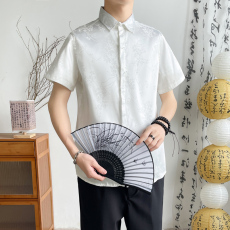 批发国风新中式冰丝弹力休闲衬衫质感垂感抗皱男士短袖暗门襟薄款潮
