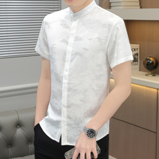 批发国风新中式冰丝微弹休闲衬衫暗门襟男士短袖薄款潮韩版修身衬衣