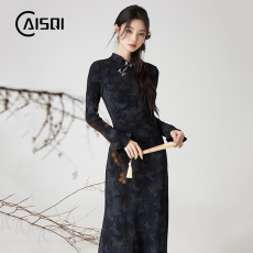 批发黑色旗袍新中式国风改良旗袍年轻款少女春秋新款修身气质针