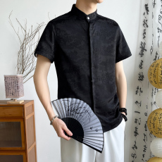批发国风新中式冰丝微弹休闲衬衫暗门襟男士短袖薄款潮韩版修身衬衣