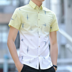 批发夏季男士短袖衬衫修身韩版潮流薄款青少年渐变休闲寸衫衣男上衣
