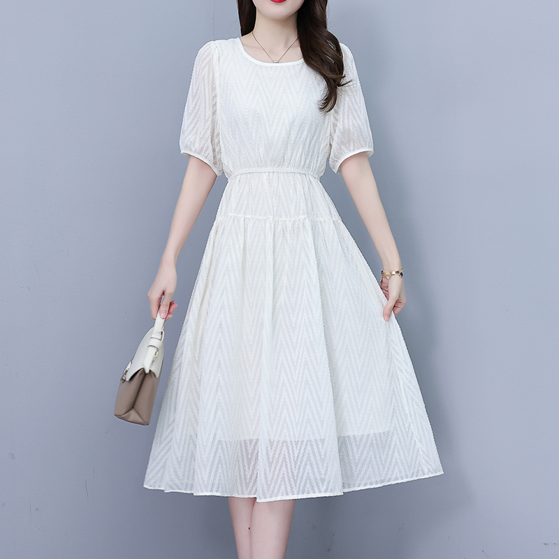 MY3202# 真丝连衣裙女夏季新款优雅圆领修身小个子气质显瘦a字裙子女裝貨源服裝批發