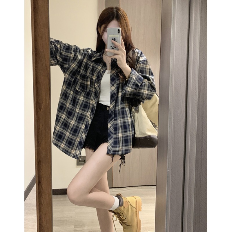 MY15887# 复古港风格子衬衫外套女夏季长袖休闲垂感衬衣设计感小众上衣女裝貨源服裝批發