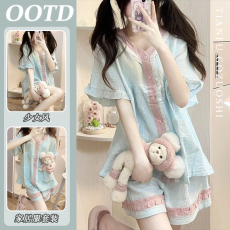 批发优质仿棉睡<b class='q'>衣</b>女2024夏天吊带短<b class='q'>裤</b>韩版甜美碎花荷叶边家居服