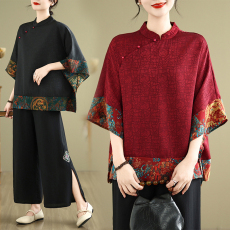 批发实拍香云纱上衣国风盘扣小衫+裤子女洋气夏季新款妈妈<b class='q'>时尚</b>套装