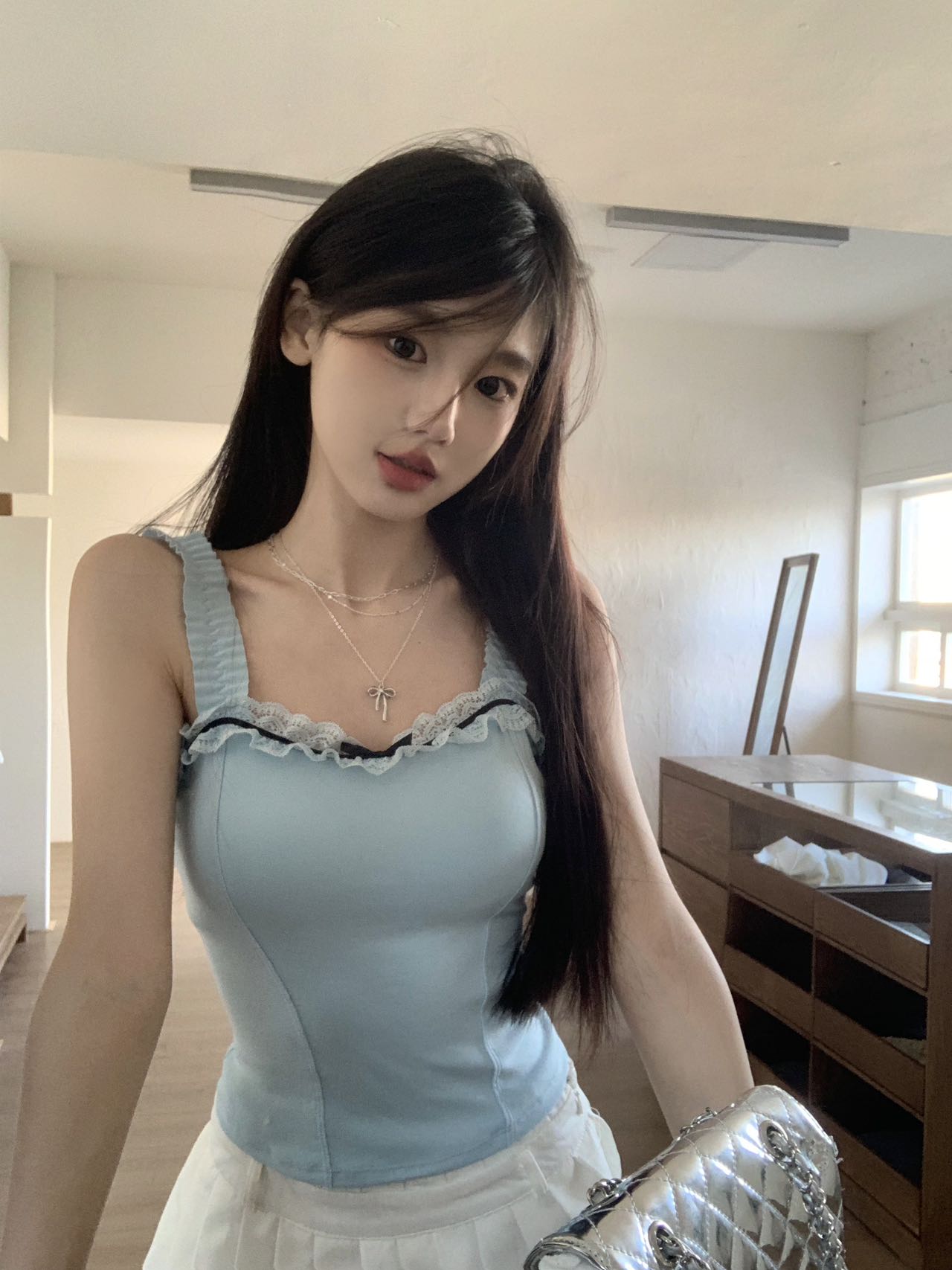 MY9496# 纯欲辣妹性感蓝色小吊带背心蕾丝花边带胸垫打底衣女裝貨源服裝批發