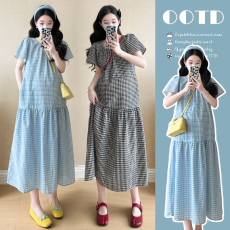 批发实拍2025夏新款格子复古宽松休闲孕妇连衣裙