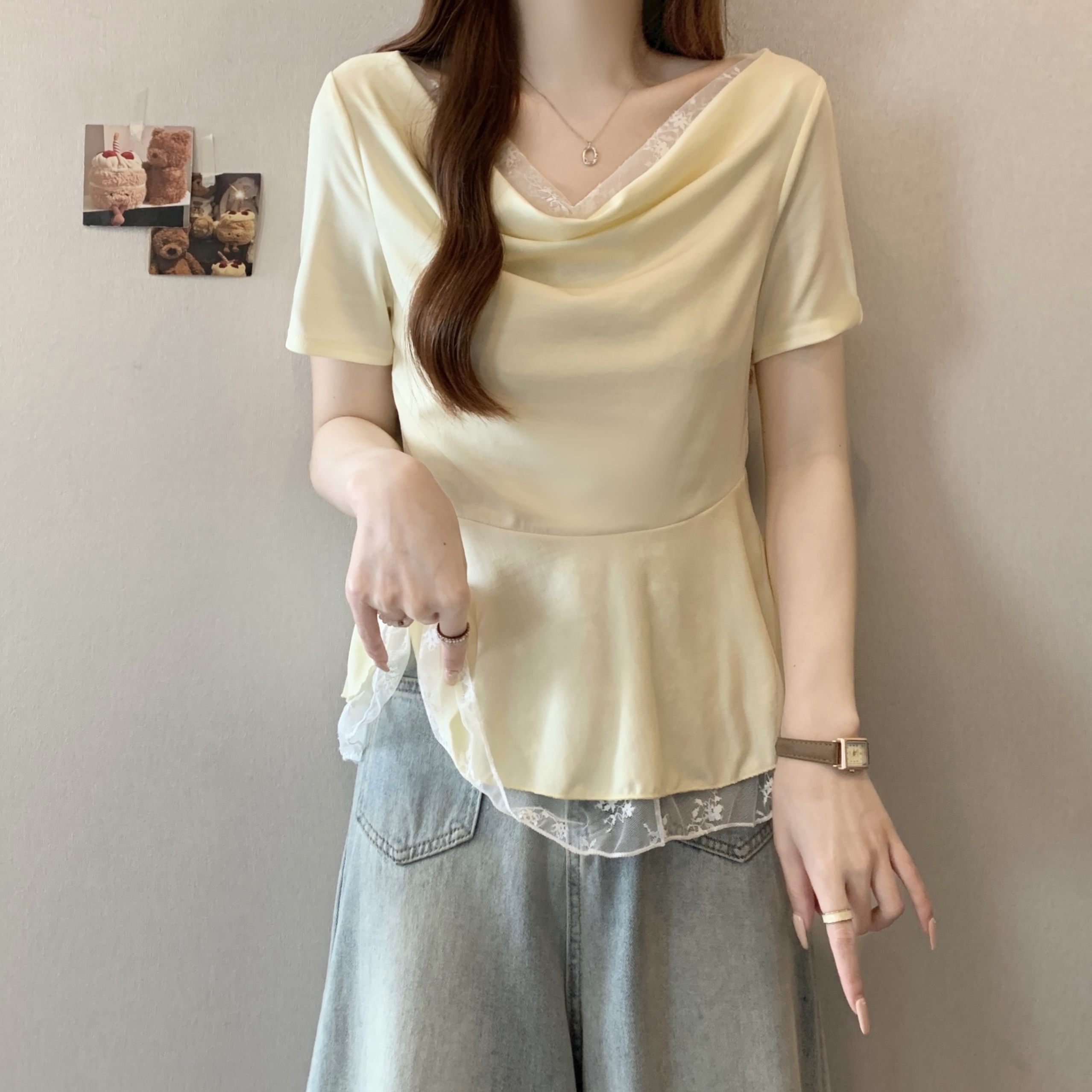 MY3054# 夏季新款蕾丝领上衣女设计感小众镂空蕾丝下摆气质温柔小衫女裝貨源服裝批發