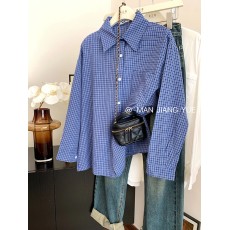 批发原版梭织格   蓝色格子长袖衬衫外套上衣女早春宽松休闲衬衣