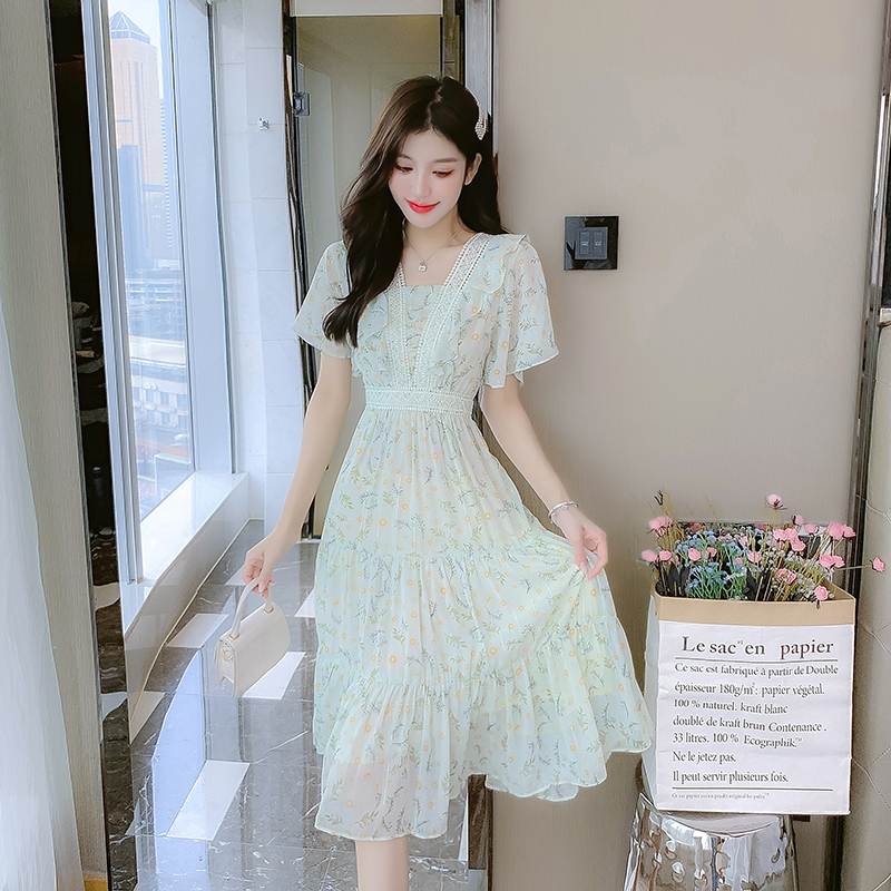FA25918# 法式碎花雪纺连衣裙夏季新款收腰显瘦复古气质日常可穿仙女裙 服裝批發女裝批發服飾貨源