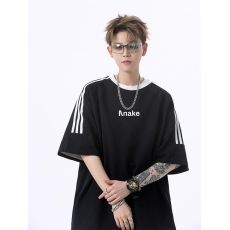 批发美式三条杠短袖T恤男潮牌撞色设计感宽松运动半袖体恤