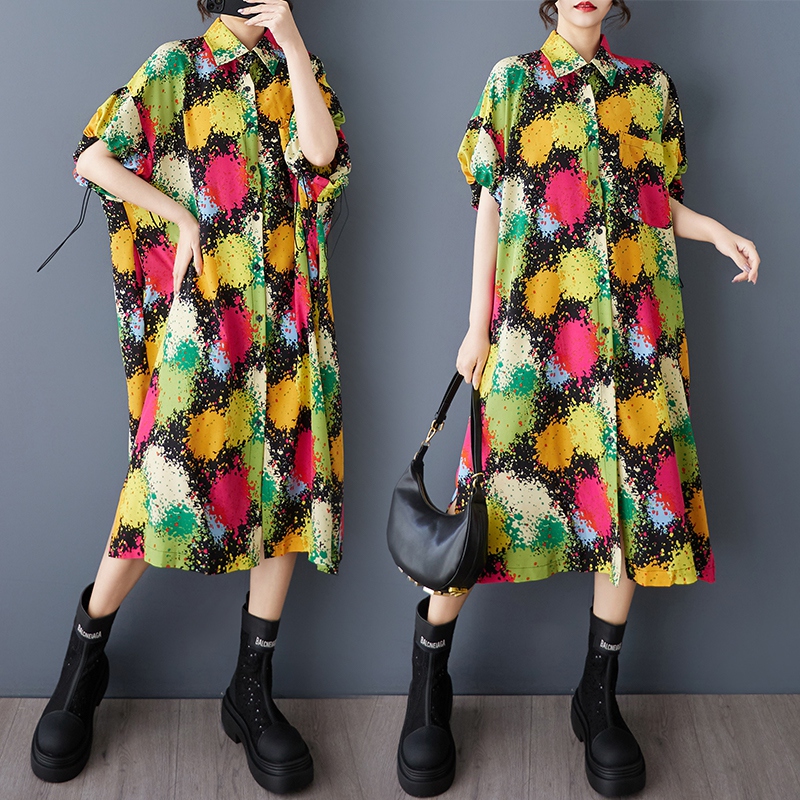 MY5580# 新款宽松大码时尚潮流印花中长款遮肉衬衫裙女裝貨源服裝批發