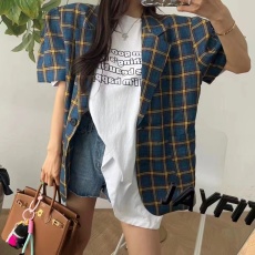 批发韩国东大门短袖格子气质女士西服外套