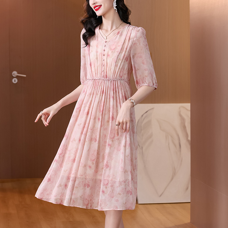 MY7092# 杭州真丝连衣裙女夏新法式v领轻奢度假轻熟风桑蚕丝长裙女裝貨源服裝批發