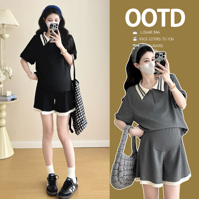 실사 2026 임산부 세트 여름 새로운 배색 POLO 칼라 반팔 맨위 복부 지지 바지 반바지 투피스 세트