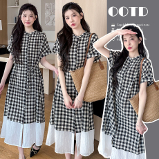 批发实拍文艺复古格子立领时尚拼接连衣裙宽松显瘦休闲日系衬衫裙