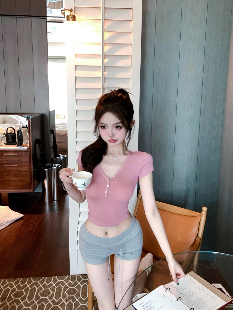 실사 정가 헨리 칼라 좁은 어깨 반팔 티셔츠 기초 다용도 단추 몸매 가꾸기 맨위