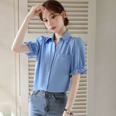 批发2026新款法式独特蓝色泡泡袖缎面衬衫女减龄洋气高级感气质上衣夏