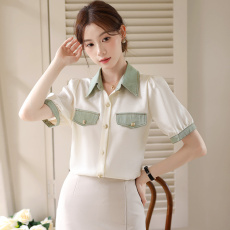 批发2026新款港风复古翻领<b class='q'>牛仔</b>拼接短袖雪纺衬衫女装夏季薄款撞色<b class='q'>上衣</b>