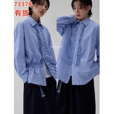 批发sameuoo散养文化木耳边设计感蓝色条纹<b class='q'>衬衫</b>女春季<b class='q'>衬衣</b>轻奢高级感