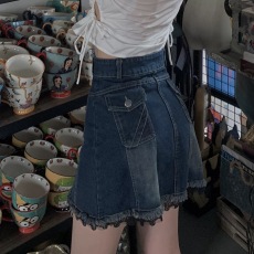 批发夏季新款辣妹蕾丝边百褶牛仔短裙女高腰显瘦百搭a字防走光半身裙