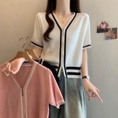 批发小香风v领冰丝短袖t恤女夏季大码胖mm遮肉显瘦双拉链短款针织上衣