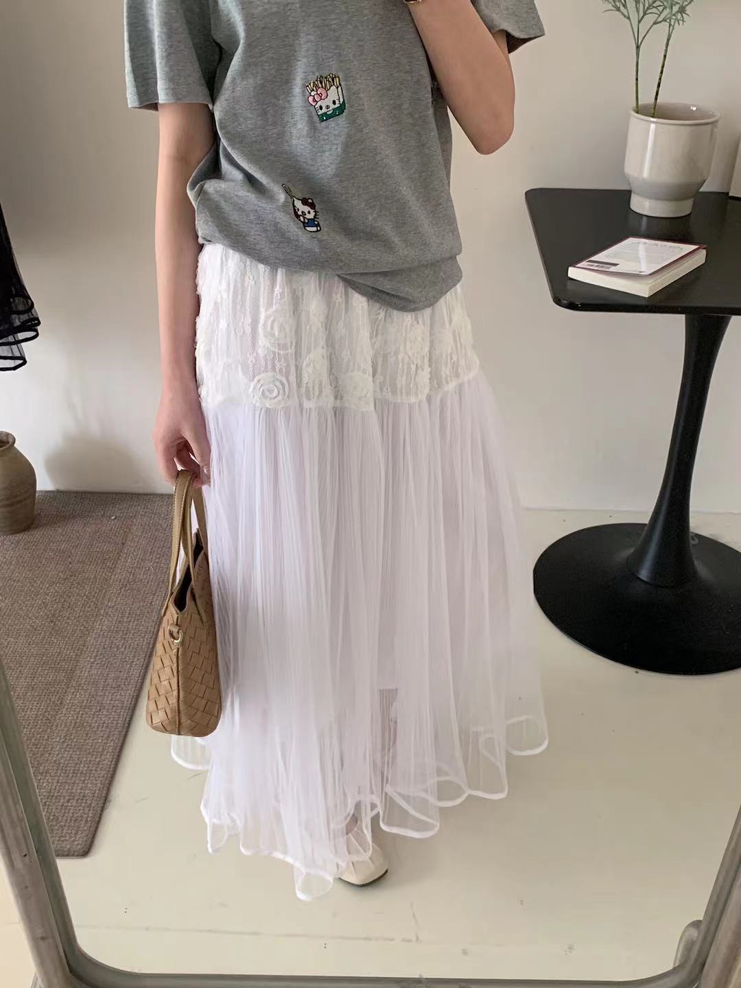 봄 새로운 단순한 한 부서 틈새 시장 调性 3 차원 꽃 원사 원사 치마 와일드 스티칭 Pleated 큰 진자 a 치마