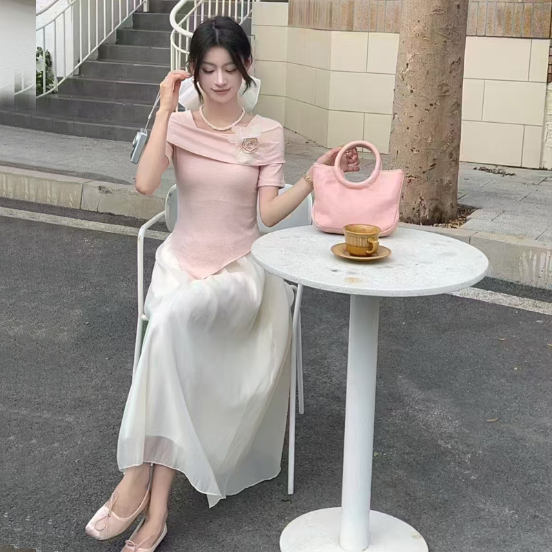 FA14206# 新款时尚套装一字领T恤上衣+半身裙子两件套女 服裝批發女裝批發服飾貨源