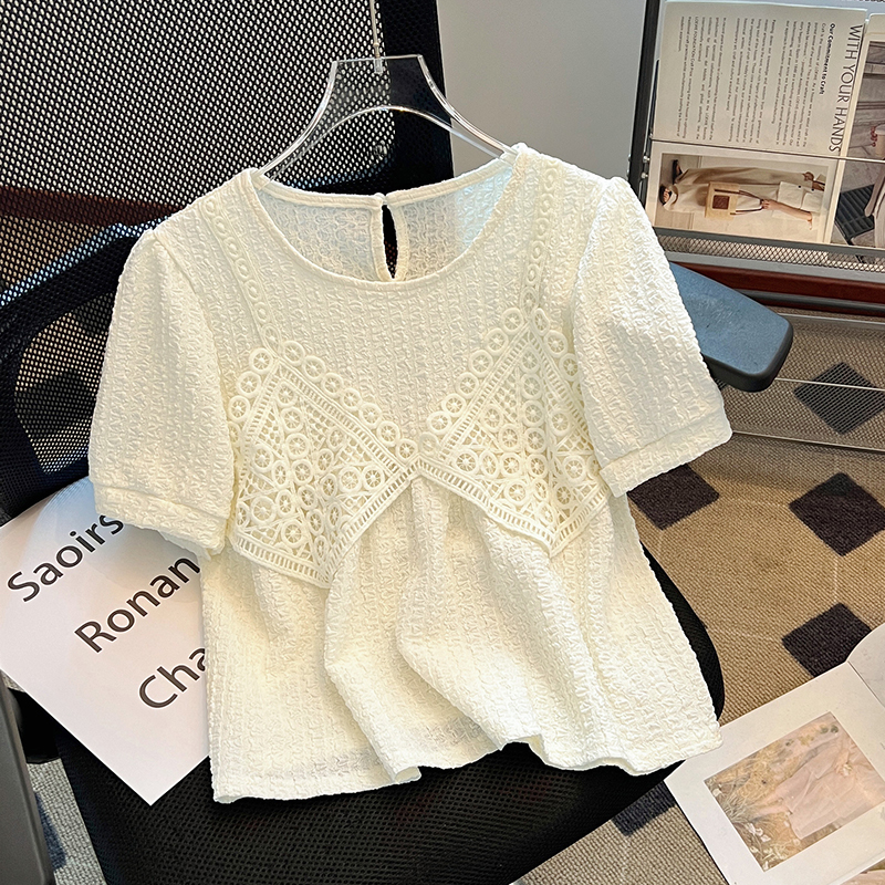 FA14193# 蕾丝花边短袖夏季薄款新款设计感小众短款泡泡袖t恤上衣 服裝批發女裝批發服飾貨源