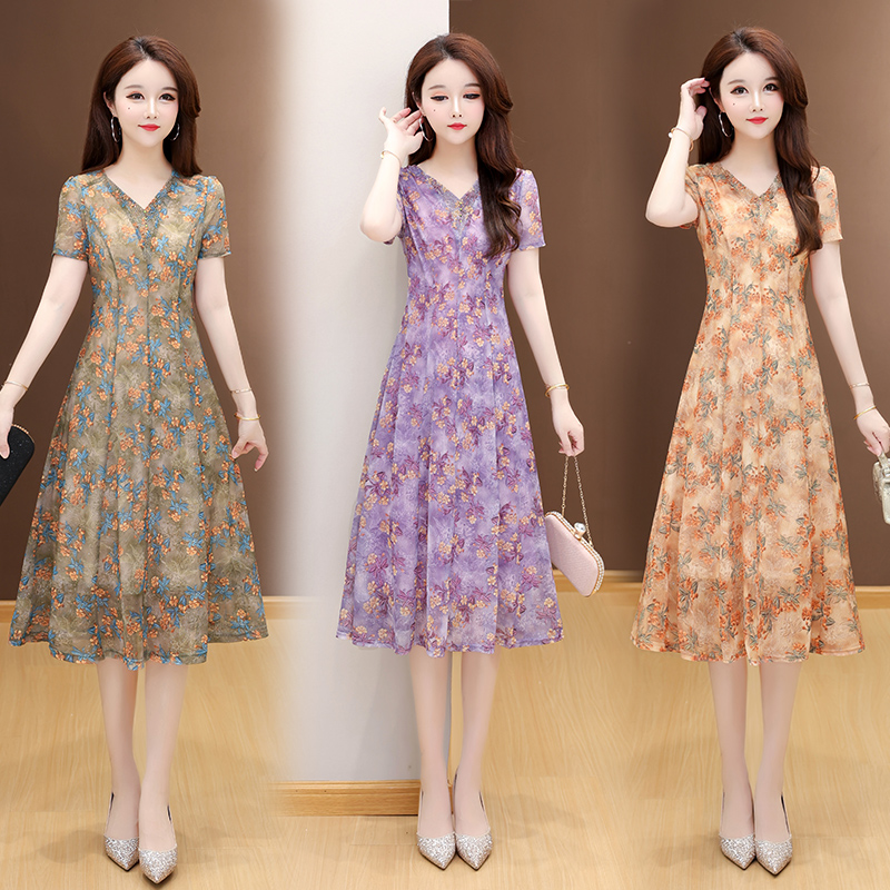 RY2990# 实拍有货 2026夏季新款短袖大码连衣裙印花网纱中长过膝收...
