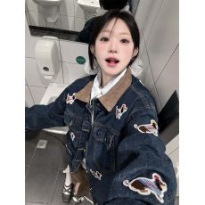 批发美式复古风腊肠狗刺绣牛仔Polo领外套女春季学生宽松保暖夹克上衣