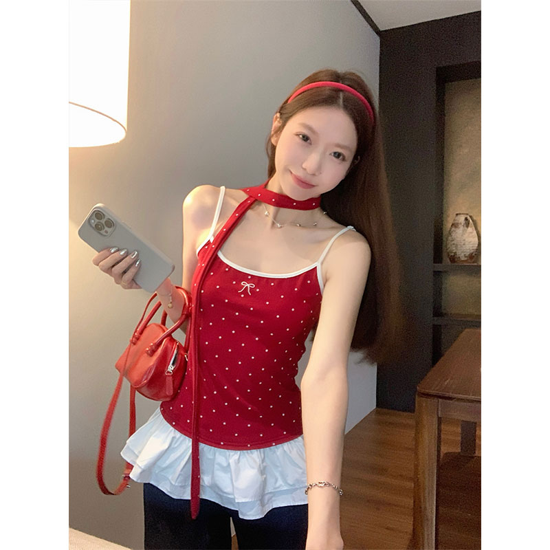 프랑스식 발레 바람 빨간색 도트 무늬 리본 행침 목 캐미솔 여름 핫걸 몸매 가꾸기 쇼트 스타일 맨위