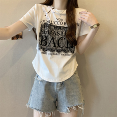 批发实价 40支纯棉210克92棉/8氨纶抽褶收腰盘扣<b class='q'>网纱</b>印花短袖T