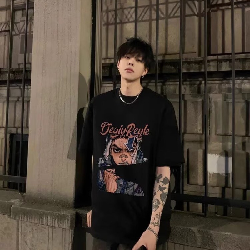 순면 짧은 티셔츠 남자 여름 옷 아메리칸 높음 거리 루즈핏 ins 조수 브랜드 남성 의류 동정 반소매 맨위