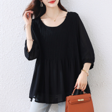 批发<b class='q'>胖</b>妈妈夏季大码女装简约百搭时尚衬衫气质百褶韩版遮肉遮肚子显瘦