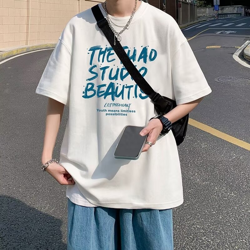 반팔 소년 여름 티셔츠 새로운 아메리칸 여름 조수 브랜드 반소매 루즈핏 무거운 순면 맨위 동정