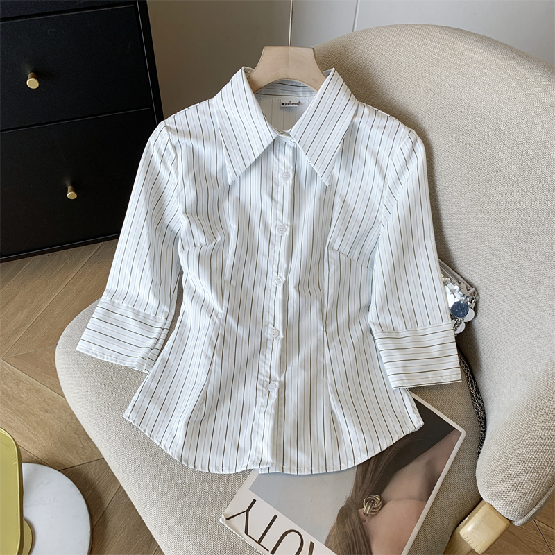 MY13997# 复古翻领条纹中袖衬衫女辣妹修身显瘦衬衣五分袖女裝貨源服裝批發
