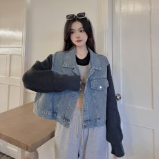 批发实拍设计感针织拼接长袖牛仔外套女2026新款polo领甜酷短款上衣潮