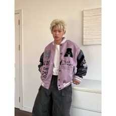 批发网图 重工刺绣毛呢拼皮 徽章皮袖撞色棒球外套男女美式春秋夹克